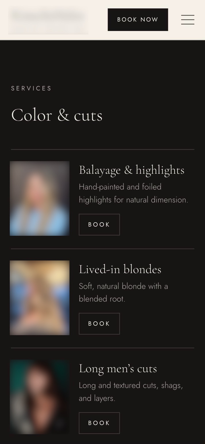 Hair salon website on a phone